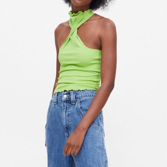 NWT UO Twisted Neck Ruffle Halter Top in Lime Green - Picture 5 of 5
